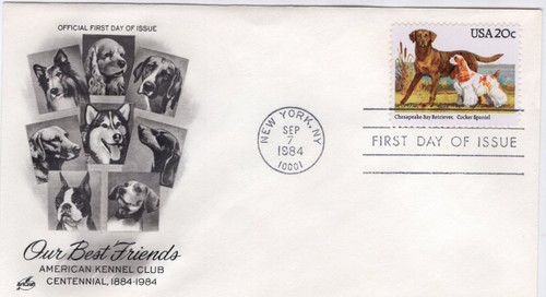 USPS FDC #2099 1984 20¢ Chesapeake Bay Retriever & Cocker Spaniel ST2458