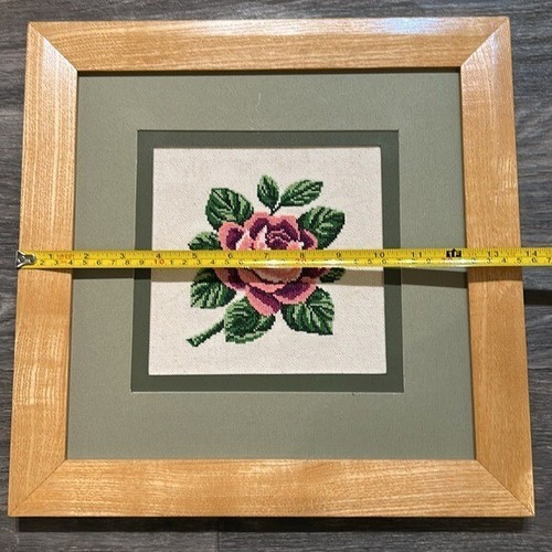 Vintage Hand-Stitched Pink Rose Cross-Stitch Wall Art Wood Frame 11" X 13" Decor - Picture 3 of 7
