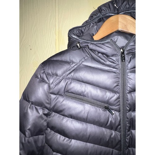 Abrigo acolchado Kenneth Cole para mujer X-grande plumón relleno de ganso gris Chevron con capucha XL - Imagen 3 de 9