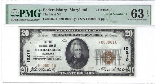 Serial #1 1929 Ty. 1 MARYLAND First National Bank of Federalsburg MD $20 63 EPQ