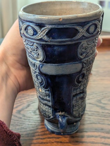 Antique German Westerwald Salt Glazed Stoneware Boot Vase Blue Tan Vtg Pottery - Picture 24 of 24
