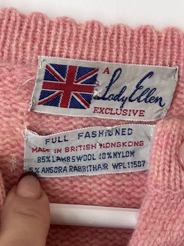 Vintage Lady Ellen British Hong Kong PINK Button Knit Cardigan Angora Lambs Wool - Picture 6 of 13