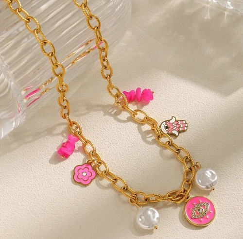Evil Eye Sweet Hamsa Hand & Flowers 14k Gold Plated Enamel Necklace - Picture 2 of 4