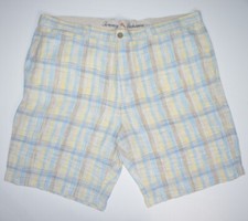 TOMMY BAHAMA 10" Linen Tencel Blue Yellow Plaid Flat Front Bermuda Shorts Sz 42