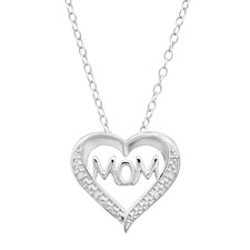'Mom' Open Heart Pendant with Diamonds in Sterling Silver, 18"