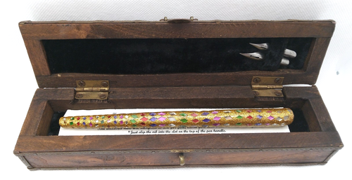 Vintage Handmade Wooden Box And Jeweled Dip Pen With 2 Nibs Novato Ca - Picture 2 of 13