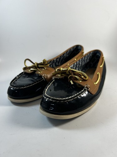 SPERRY Sz 9 Top-Sider Navy Blue And Brown Boat Shoe Patent Leather Lace Up - Picture 4 of 7