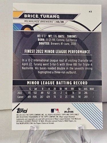 2023 Topps Finest Aqua Refractor #43 Brice Turang 56/199 RC Brewers Rookie - Picture 2 of 2