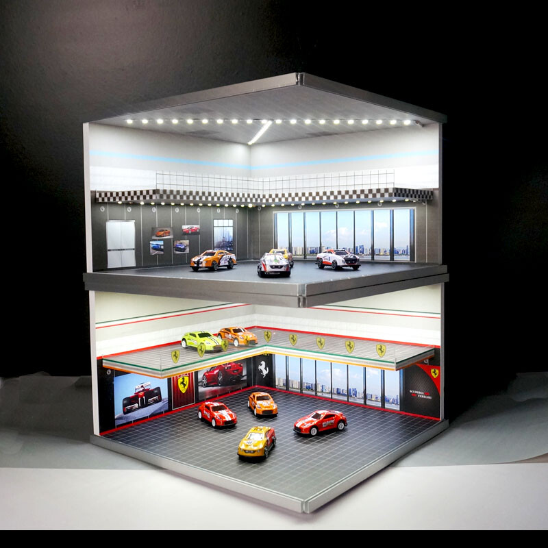 ☆ 1/64 Garage NEW 1:64 Scale Car Model Showroom LED Garage Scene Two-level