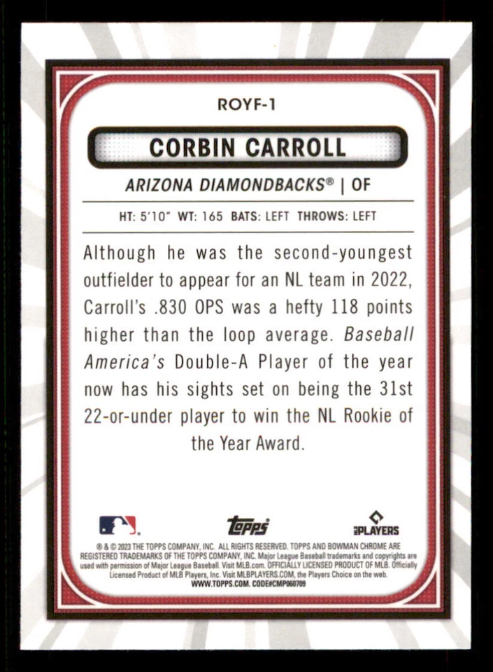 2023 Bowman Chrome Rookie of the Year Favorites #ROYF1 Corbin Carroll - Image 2 of 2