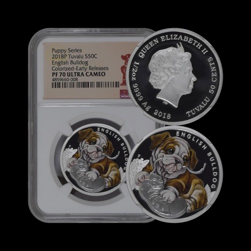TUVALU. 2018, 50 Cents, Silver - NGC PF70 - Top Pop ๐ฅ English Bulldog Puppy ๐ถ - Picture 6 of 6