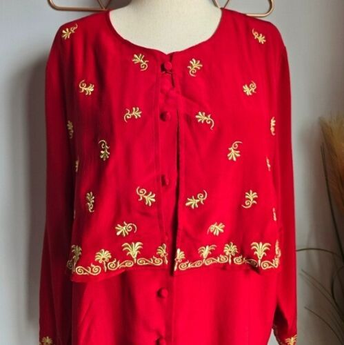 Diane Von Furstenberg, New, DVF Red Embroidered Silk Tunic Blouse, Size Large - Picture 3 of 12