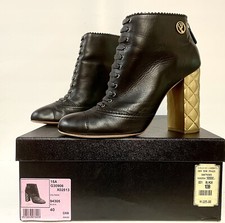 Chanel Black Leather Quilted Gold Heel Ankle Boots. Eu 40 Us 39