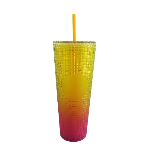 Starbucks 2022 Lemon Yellow Pink Gradient Ombre Grid 24oz Venti Tumbler NEW - Picture 1 of 4
