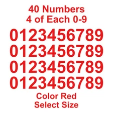 0 - 9 Number Decals Color: Red - Select Size - 40 Stickers 4 of Each Number