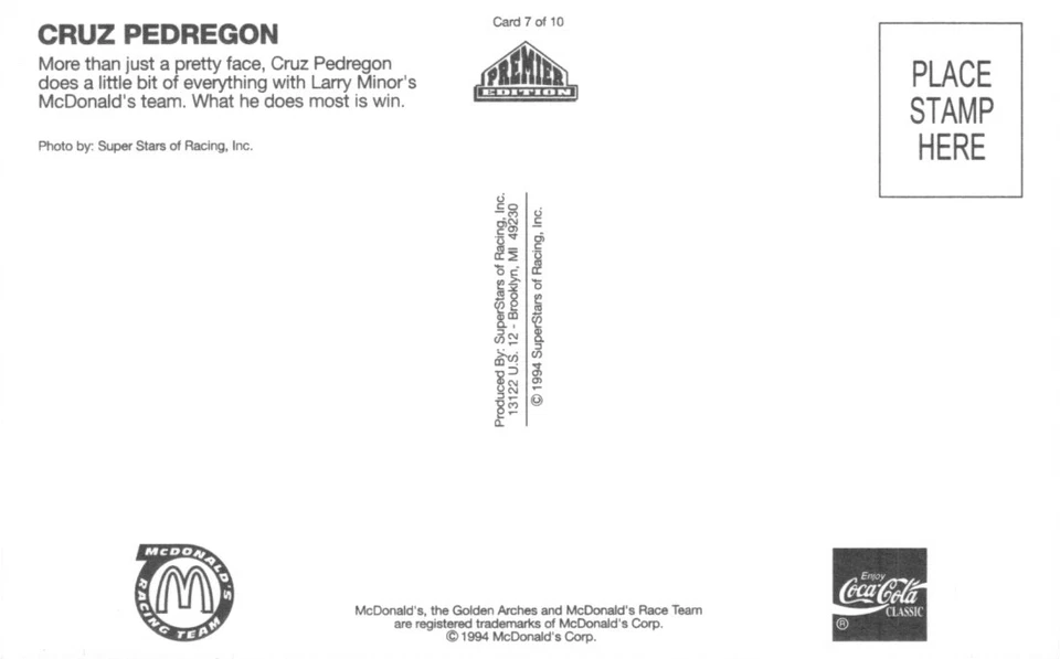 Postal Cruz Pedregon 1994 NHRA McDonalds Race Team Coca Cola Larry Minor Team Foto 2 de 2