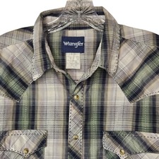 Vintage Men's Wrangler Pearl Snap Western L/S Shirt L/XL Green Blue Plaid Cowboy