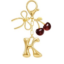 Gold Bubble Red Cherry  Bow Initial Letter Keychain   Cute Bag Charms for Ha...