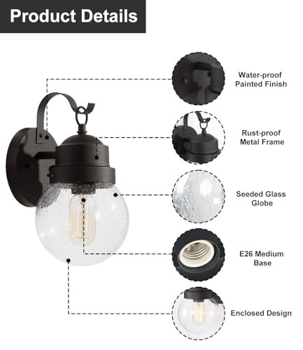  Outdoor Wall Lights 2 Pack, Exterior Globe Anti Rust Waterproof 2 Lights Black - Picture 6 of 7