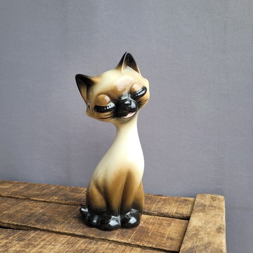 Figura de gato Kitsch años 50 cerámica ojos grandes bonito retro gato siamés oriental - Imagen 2 de 5