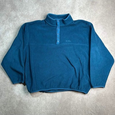 LL Bean Womens 2XL Blue Snap Front Fleece Pullover Mock Neck Sweater