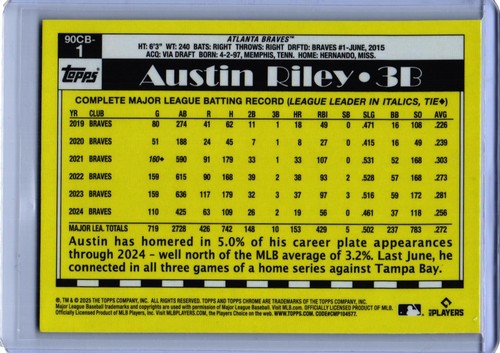 2025 Topps Chrome 35th Anniversary Refractor #90CB-1 Austin Riley Braves - Picture 2 of 2