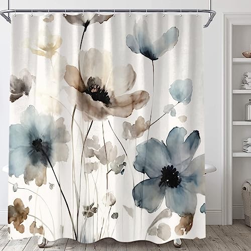 Boho Floral Shower Curtain, Cream Tan Beige Blue Grey White Watercolor Flower - Picture 4 of 8