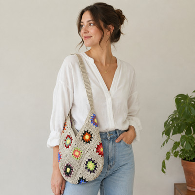 Boho By Masal Vintage Inspired Crochet Granny Square Bag - Purse - Tote - EUC