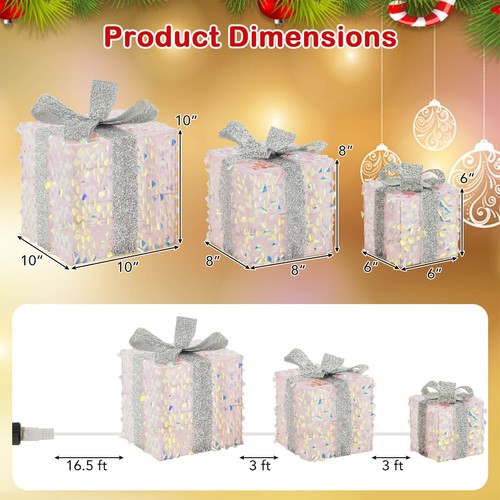 3 PCS Christmas Lighted Gift Boxes with 90 LED Lights Zip Ties Ground Stakes - 第 2/10 張圖片