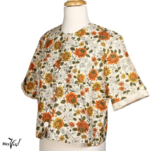 Vintage Blouse Collarless Orange Green Floral Union Tag Plus Size B42 - Hey Viv - Picture 5 of 6