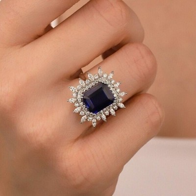 Stunning Emerald Cut Simulated Blue Sapphire Halo Ring In 14k White Gold Plated
