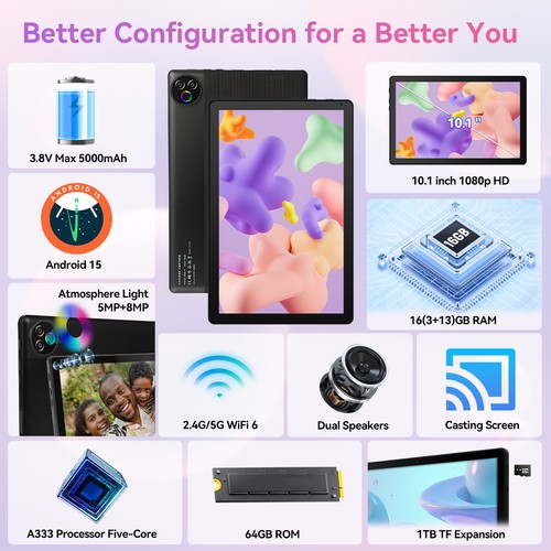 10.1 inch Android 14 Tablets HD Touchscreen Octa-Core 16GB+64GB RAM Dual Camera - Picture 3 of 7