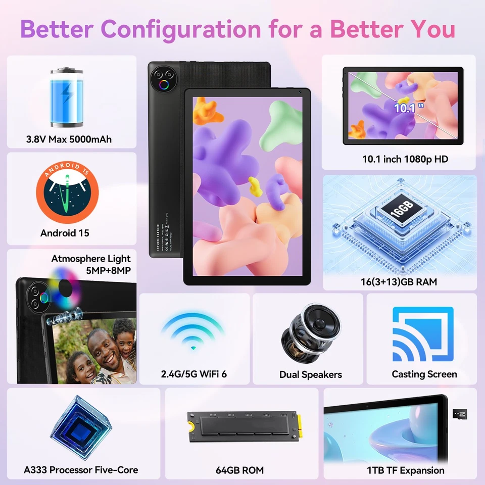 10.1 inch Android 14 Tablets HD Touchscreen Octa-Core 16GB+64GB RAM Dual Camera - Image 3 of 4