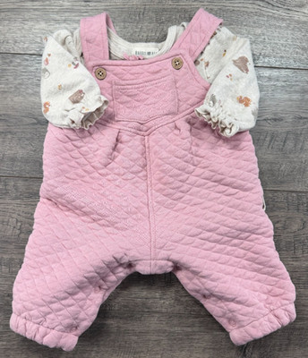 Baby Girl Clothes Rabbit Bear Organic 0-3 Month 2pc Pink Quilted Overall Outfit
