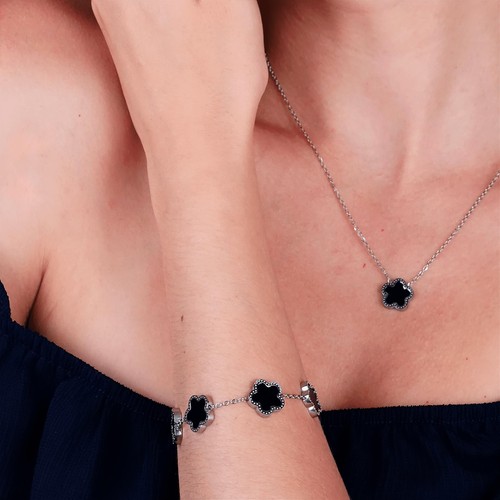 Brazalete de trébol de 5 hojas para mujer plata acero inoxidable sujetador de eslabones de cinco hojas de la suerte - Imagen 4 de 5