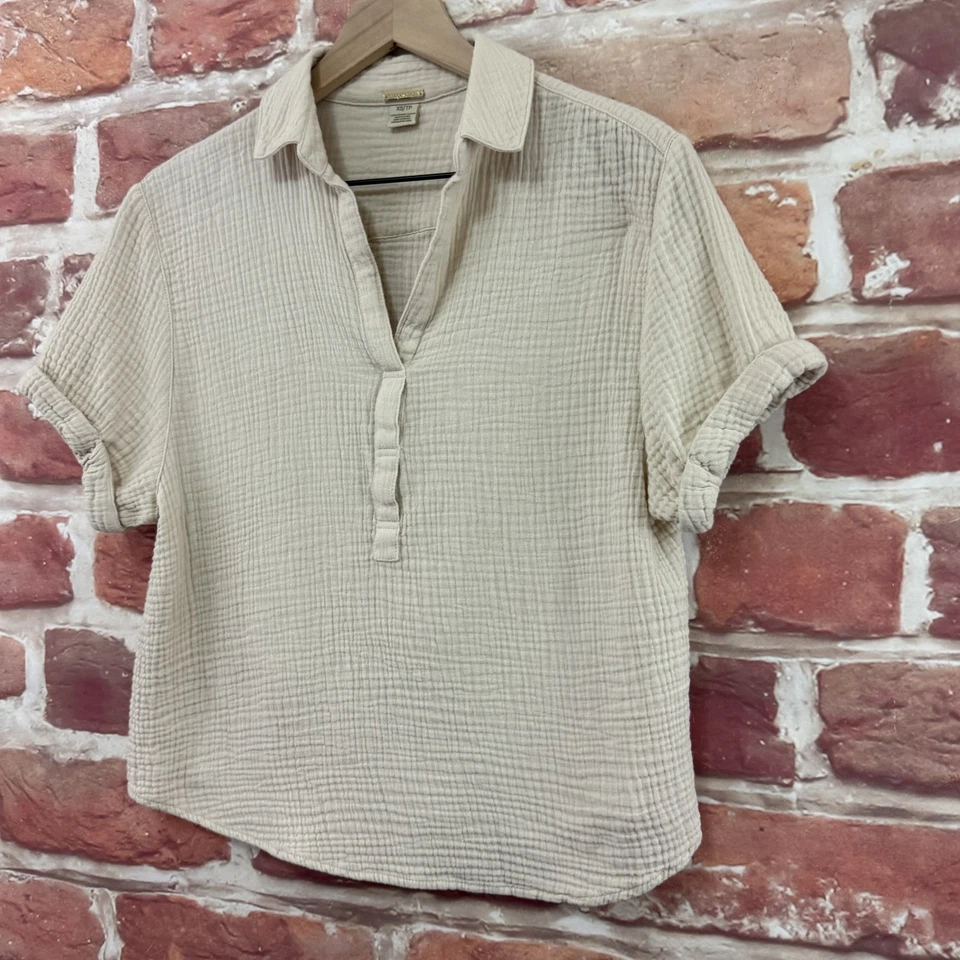 Camiseta Magaschoni Top Feminina XS Bege Manga Curta Gola Algodão Orgânico Gauzy - Imagem 3 de 4