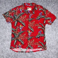 Paradise Found Hawaiian Shirt Mens Medium Aloha Tropical Birds Red Parrots