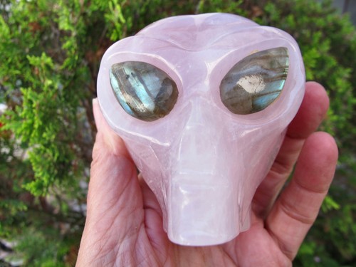 Rose quartz crystal carved Alien Head Natural carving labradorite eyes love - Picture 16 of 24