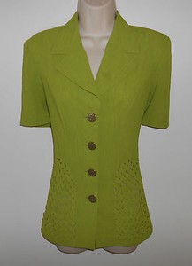 Unique-Woven-Panel-YUE-TAI-Green-Blouse-w-Notched-Collar-Career-Casual-M