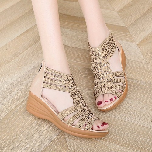 Damen-Sandalen Sommer Keilabsatz Bohemian Ethno Reißverschluss hinten rutschfest Römerschuhe - Bild 4 von 28