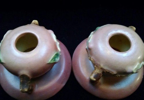  Roseville #301-6 Pink/Rose Apple Blossom Art Pottery Candlesticks - Picture 3 of 6