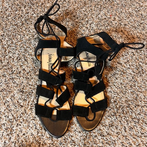 Neiman Marcus Lace Up Heels Gladiator Sandals Black Suede Heels 7.5 - Picture 1 of 4