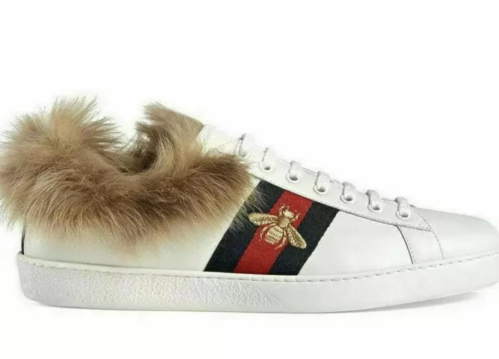 GUCCI New Ace Lamb Fur Lace Up Sneakers White-US