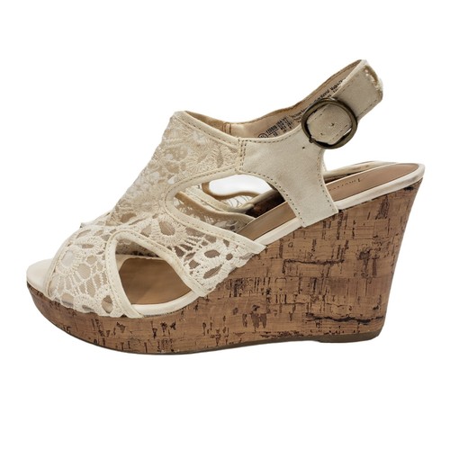 American Eagle Size 9.5 Women’s Wedge Sandals White Ivory Lace Detail Open Toe - Picture 5 of 11