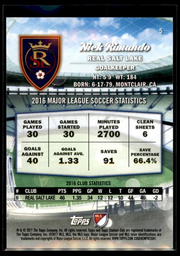 2017 Topps Stadium Club MLS Soccer GOLD #5 Nick Rimando - Real Salt Lake - Picture 2 of 2