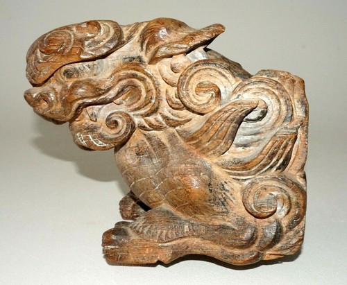 19C Japanese Keyaki Wood Carved Lion Dog Wall Ornament Sculpture (MoW) - Picture 2 of 12