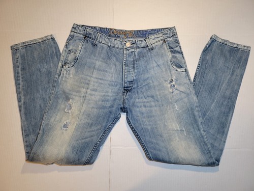 Pantalones de mezclilla Desigual para hombre regulares rectos talla W34 L32 botón mosca rasgado 5 bolsillos azul - Imagen 2 de 9