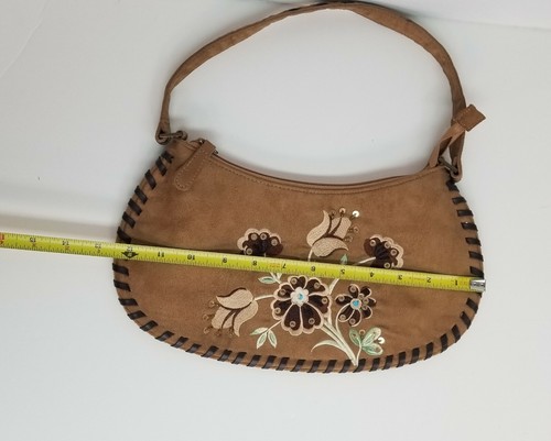 Suede leather Handbag Brown Floral Embroidery flowers zipper beaded - Picture 9 of 12