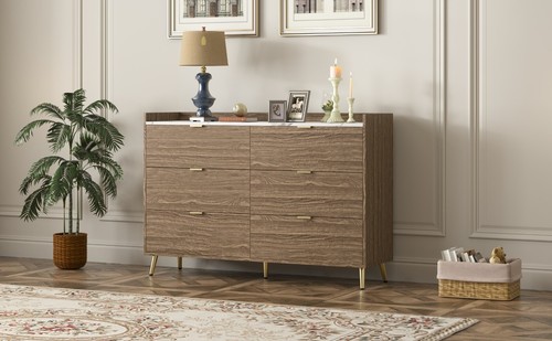 55" Long 6-Drawer Dresser with Marbling Top, Modern Storage Cabinet, Metal Leg - Picture 2 of 12