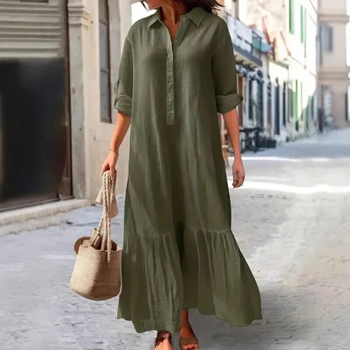 Womens Cotton Linen Dresses Plus Size Loose Long Sleeve Sundress Summer Casual